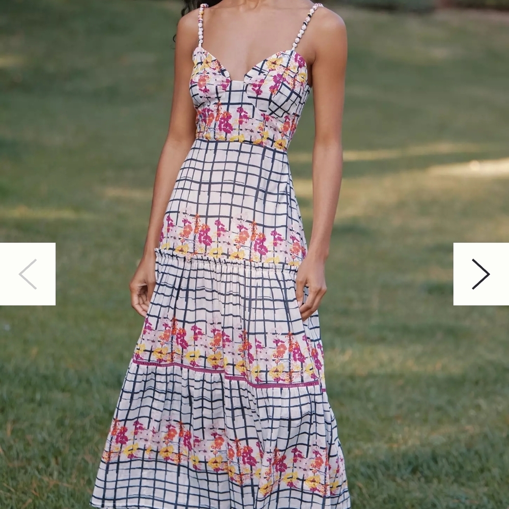 Anthropologie White Grid Maxi Dress with Pink & Yellow Floral
